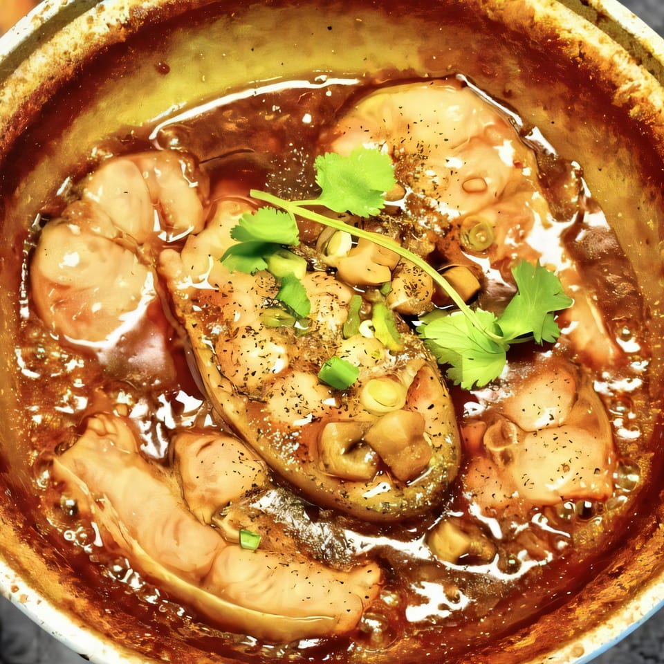 Close-up of Kin's Restaurant's braised fish in a clay pot, garnished with herbs and spices.