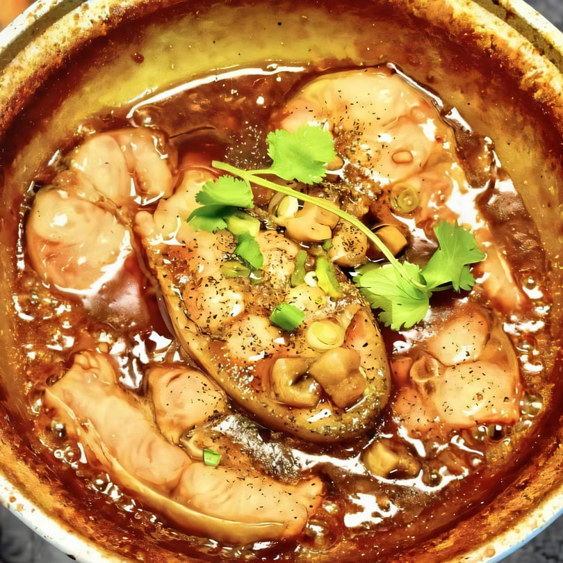 Close-up of Kin's Restaurant's braised fish in a clay pot, garnished with herbs and spices.
